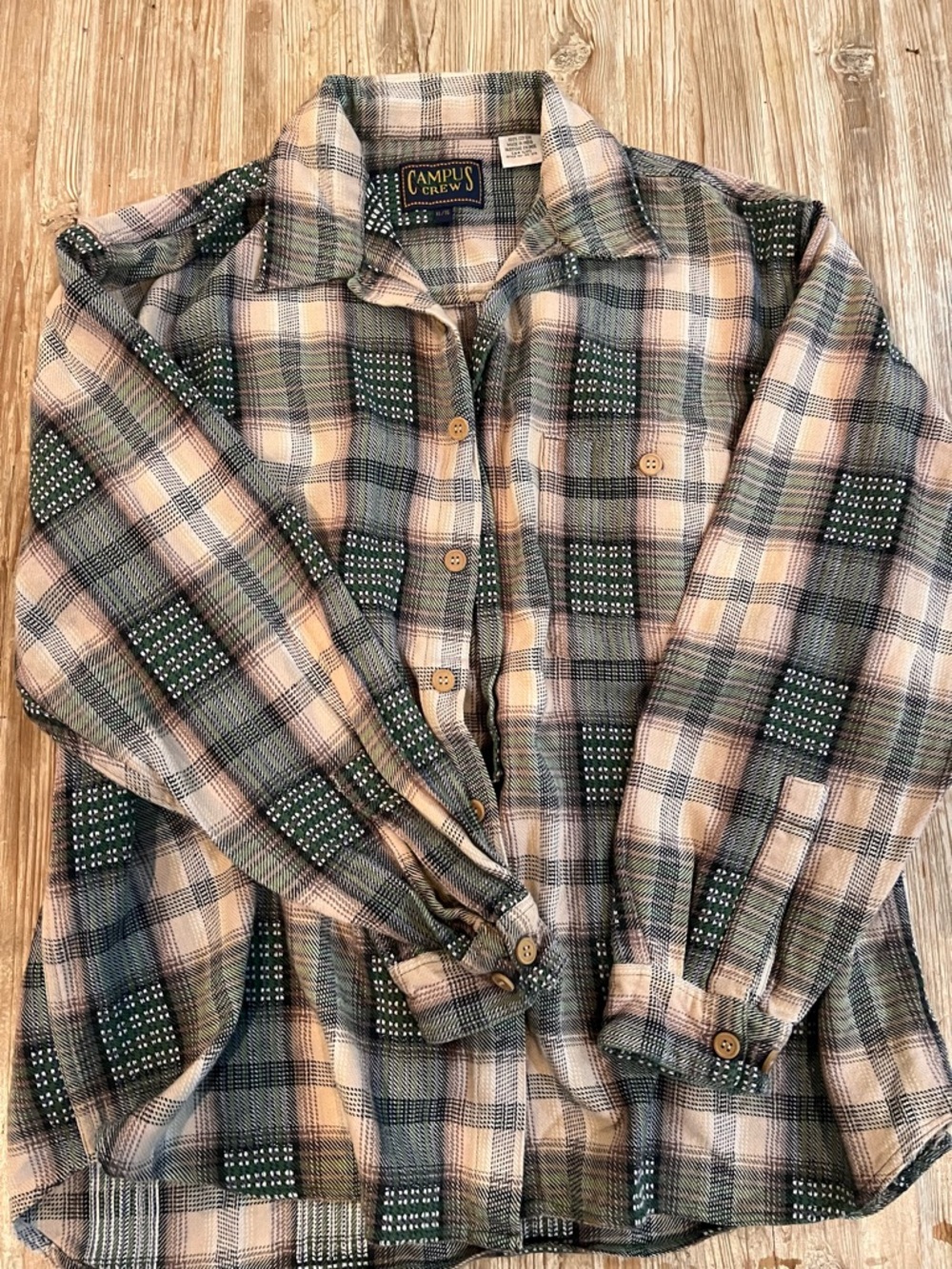 Vintage 1990’s Campus Crew Green & Cream Plaid Button-Up Shirt